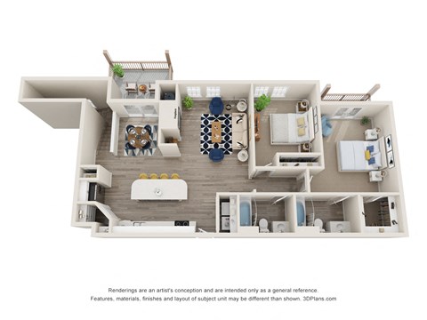 Floor plan for 2 beds, 2 baths, 1317 sqft